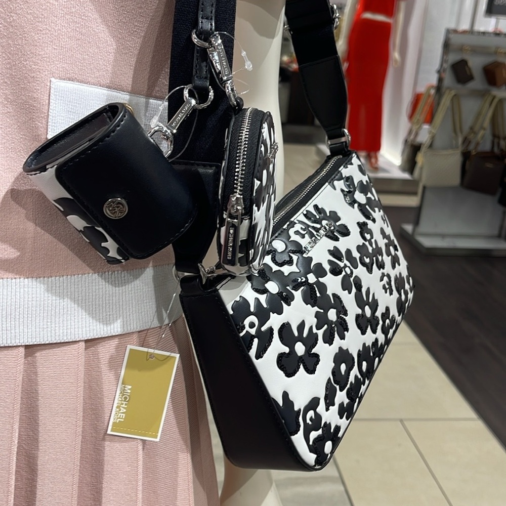 MICHAEL KORS Jet Set Sm Sequined Floral Print Crossbody w Case for Apple Airpods - Picture 6 of 16